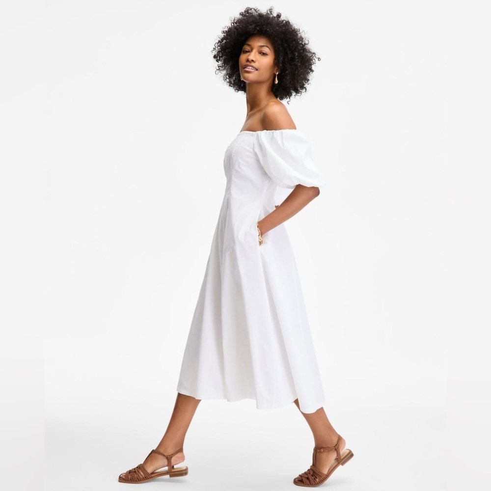 On 34th Women's Off-The-Shoulder Puff-Sleeve White Midi Dress - Picture 3 of 10
